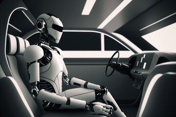 Poster - A Robot Sitting In A Car With A Steering Wheel Car Repair Shop Infrared Photography Artificial Intelligence  Generative AI 