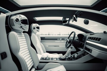 Poster - A Car With A Robot Sitting In The Driver'S Seat Car Dealership Infrared Photography Artificial Intelligence  Generative AI 