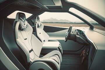 Poster - A Futuristic Car With A Steering Wheel And Dashboard Car Dealership Photorealism Automotive Design  Generative AI 