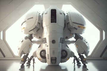 Poster - a large white robot standing in a room with a window military base photorealism robotics engineering