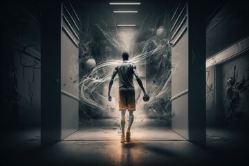 Poster - A Man Walking Down A Hallway With A Basketball In His Hand Basketball Court Sports Photography Sports Photography  Generative AI 