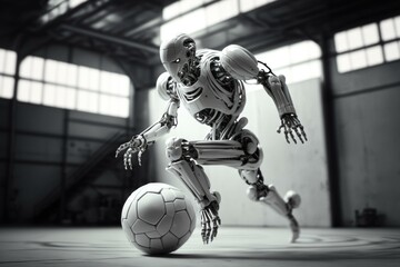Poster - A Robot Is Playing With A Soccer Ball In A Warehouse Sports Bar Sports Photography Robotics Engineering  Generative AI 