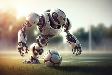 Poster - A Robot Playing With A Soccer Ball On A Field Soccer Field Sports Photography Robotics Engineering  Generative AI 