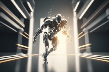 Poster - A Robot Is Running Through A Tunnel In A Futuristic Setting Arcade Animation Robotics Engineering  Generative AI 