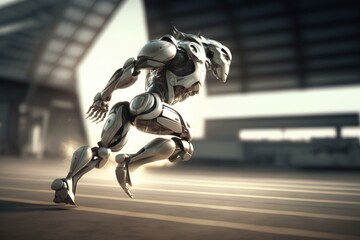 Poster - A Robot Running In A Large Building With A Sky Background Fitness Center Animation Robotics Engineering  Generative AI 