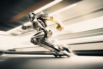 Poster - A Robot Is Running Fast In A Tunnel With A Train Car Repair Shop Time-Lapse Photography Robotics Engineering  Generative AI 