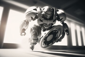 Poster - A Robot Is Riding A Motorcycle In A Futuristic Setting Car Repair Shop Animation Robotics Engineering  Generative AI 