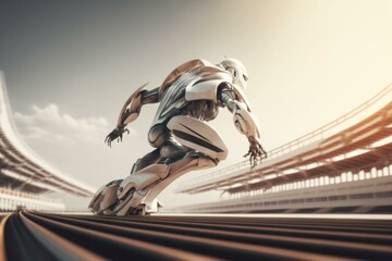Poster - A Robot Running On A Track In A Stadium Car Repair Shop Time-Lapse Photography Robotics Engineering  Generative AI 