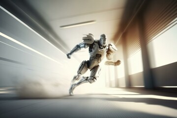 Poster - A Robot Running In A Tunnel With A Light Shining On Him Arcade Time-Lapse Photography Robotics Engineering  Generative AI 