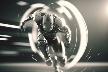 Poster - A Man In A Futuristic Suit Is Running Through A Tunnel Martial Arts Studio Animation Robotics Engineering  Generative AI 