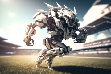 Poster - A Robot Running Across A Field In Front Of A Stadium Sports Bar Sports Photography Robotics Engineering  Generative AI 