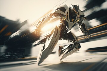 Poster - A Robot Running Fast On A City Street With A Sun Flare Car Repair Shop Animation Robotics Engineering  Generative AI 