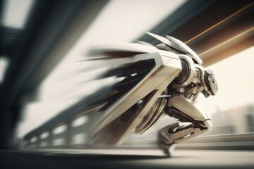 Poster - A Robot Running On A City Street With A Blurry Background Arcade Kinetic Art Robotics Engineering  Generative AI 