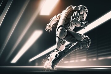 Aufkleber - A Robot Running In A Dark Room With Light Coming Through Sports Bar Animation Robotics Engineering  Generative AI 