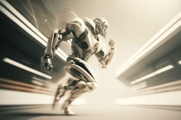 Poster - A Robot Running In A Futuristic City With A Speed Motion Car Repair Shop Animation Robotics Engineering  Generative AI 