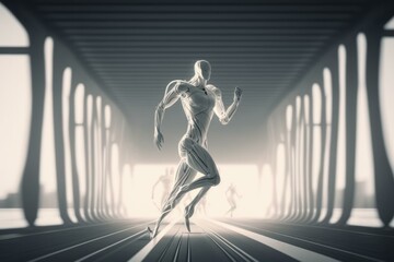 Poster - a man running in a futuristic building with a lot of light fitness center animation motion graphics 