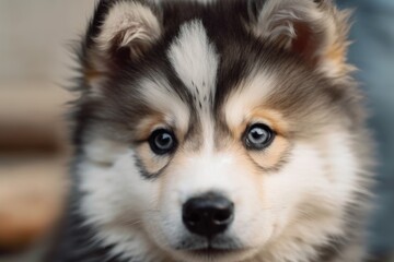 Canvas Print - witty and amiable puppy appearance. An adorable little Alaskan Malamute with brown eyes. Fur in gray and white. selective focus on a pet's face; backdrop is blurred. Generative AI