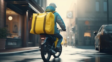 Wall Mural - Delivery man on scooter driving on the street of city. Food delivery app. Generative AI