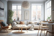 © ankreative - Cozy and inviting Scandinavian living room, featuring natural materials and a warm color palette. Ai generated.
