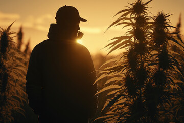 Silhouette of farmer in cannabis field at sunset.