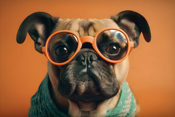 Wall Mural - Hipster Cute Dog with glasses, Funny Art Illustration, Anthropomorphic Dogs, Generative AI