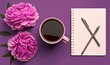  a cup of coffee next to a pink flower and a notepad on a purple surface with a pair of scissors and a pen on it.  generative ai