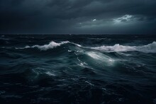 Dark Ocean Storm At Night With Lighting And Waves. Generative AI