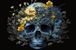 Symbolic Art of Generative Design: A Creative Arrangement of Blue, Yellow, and Rose Flowers Around a Black Human Skull, Generative AI