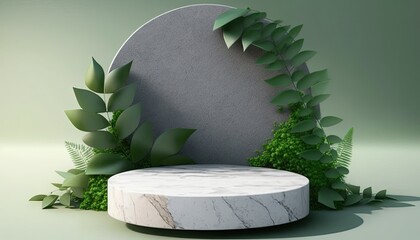 Poster - Summer Minimalist Presentation: Stone Podium Dais with Garden Leaf Background for Packaging Product Sale: Generative AI