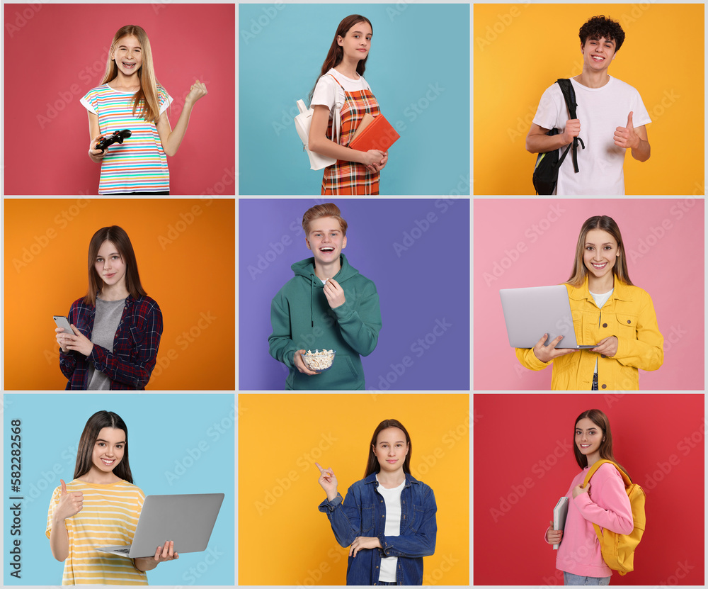 Photos of teenagers on different color backgrounds, collage