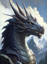A Close Up Of A Dragon With A Mountain In The Background, Magic Fantasy Art Illustration 