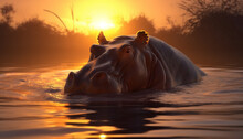 Big Hippopotamus Swimming In The Water And Out In The Sun