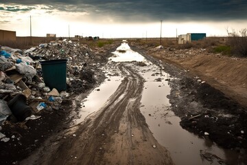 Wall Mural - dirty mud road littered with large garbage and overflowing overflowing garbage, created with generative ai