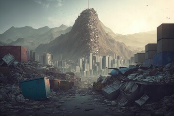 Wall Mural - unsightly modern city with mountains of overflowing garbage, created with generative ai