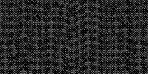 Seamless grungy dark black chain mail background texture. Tileable steel gray medieval military hauberk metal rings chainmail armor cosplay repeat pattern. High resolution backdrop 3D rendering.