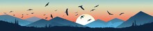 Wide Sky Horizon Ilustration Design, With Flying Birds, For Banners, Footers, Or Another Purposes, Beautiful Colors Between Sky, Clouds, Birds, And The Sun, Generative Ai
