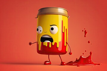 Canvas Print - red paint can character standing on yellow background, created with generative ai