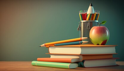 Back to school background, School Books And Pencils background, Teacher's day desk with writing materials,