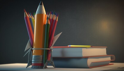 Back to school background, School Books And Pencils background, Teacher's day desk with writing materials,