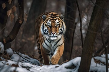 Canvas Print - Bengal tiger with white stripes prowling through a woodland in a frightening animal portrait. Generative AI