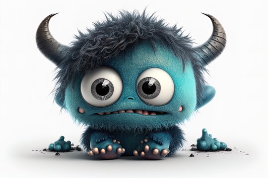 Cute baby monster with horns with big eyes sitting on isolated white background.