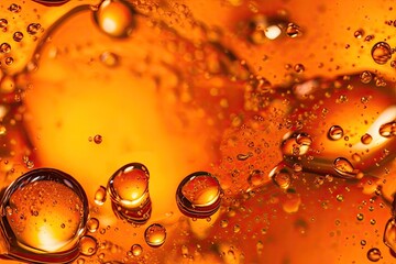 Poster - Bubble filled oil drips on a yellow background. Detail about cosmetic oil serum. Abstract flowing texture in orange color. Generative AI