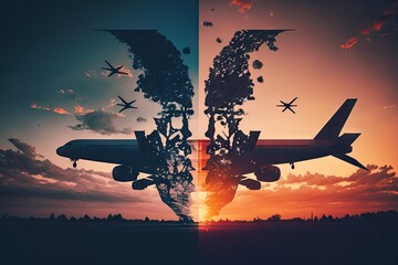 Canvas Print - double exposure image of plane flights against sunset sky, created with generative ai