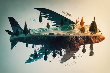 Canvas Print - travel via plane flights double exposure, created with generative ai