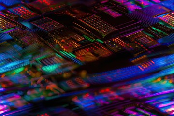 Poster - macro of neon colored silicon wafer integrated circuits used to create CPU and GPUs. Generative AI