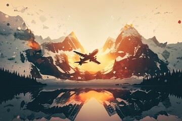 Poster - sunrise over snow-capped mountains in winter pilot flying plane flights double exposure, created with generative ai