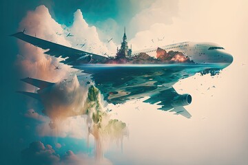 Canvas Print - aircraft flying over clouds, pilot and flight map double exposure, created with generative ai