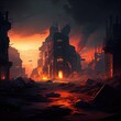 illuminated by fires image of devastated postapocalyptic city, created with generative ai
