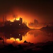 illuminated by fires image of devastated postapocalyptic city, created with generative ai