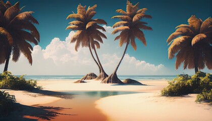 Tropical background with sea and palm trees. Summer sea background, blue ocean, sandy beach, light blue sky. ai generative